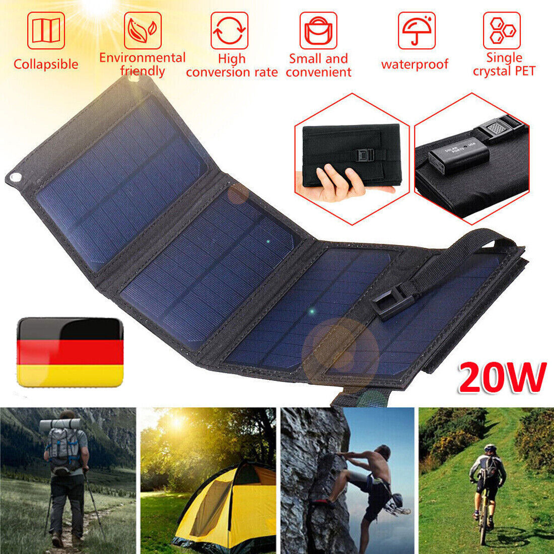 20W Foldable Solar Panel Solar Panel Power Bank Mobile Phone USB Charger Camping Hiking